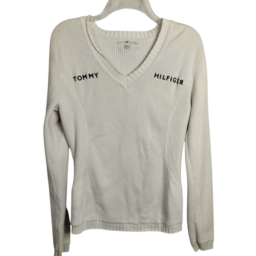 4990)Vtg Tommy Hilfiger Ivory V Neck Women Spell Out Rib Knit Sweater Jumper L